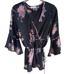 Whimsigoth Wrap‎ Blouse Romantic Cottagecore Quiet Luxury Flutter Sleeve Top S
